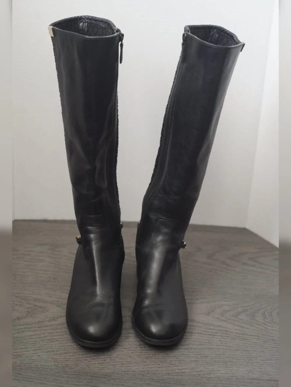 Authentic Cole Haan Idina Black Leather Stretch Gold Chain Tall Boots 8.5B